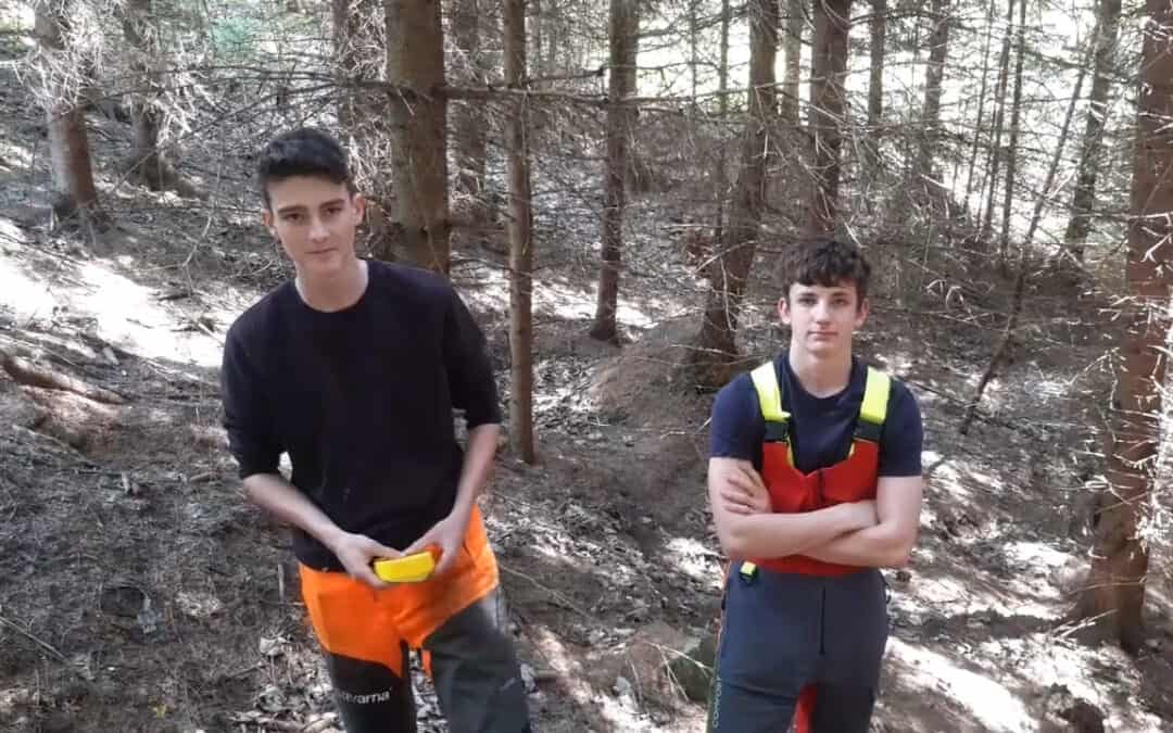 Nico und Florian markieren Z-Bäume (Zukunftsbäume)